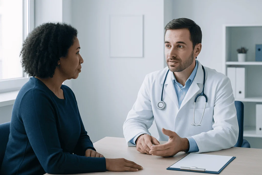 Doctor consulting with a patient in a modern medical office.