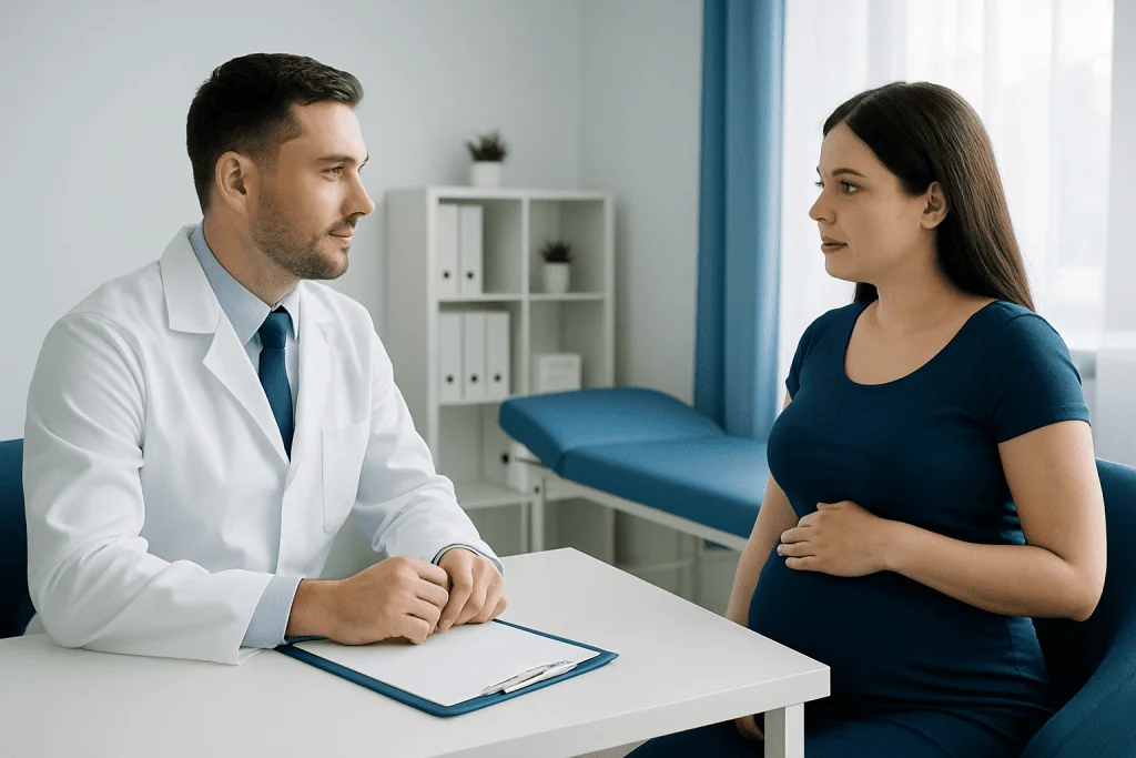 Doctor consulting pregnant woman in a medical office.