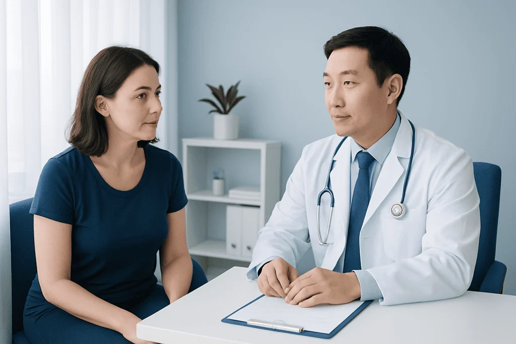Doctor consulting with a female patient in a modern clinic setting.