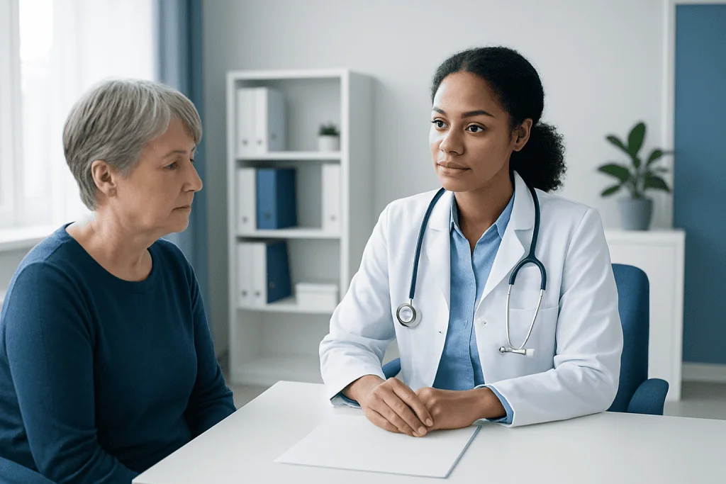 Doctor consulting with an elderly patient in a modern clinic setting.