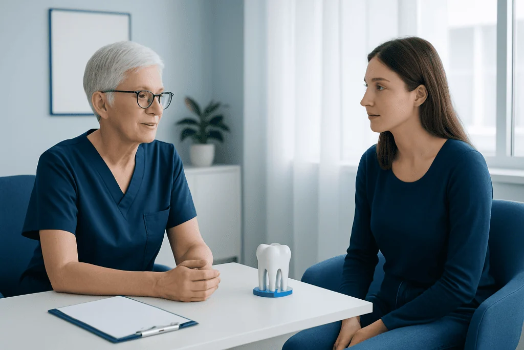 Dentist explaining dental care to a patient in a consultation room.