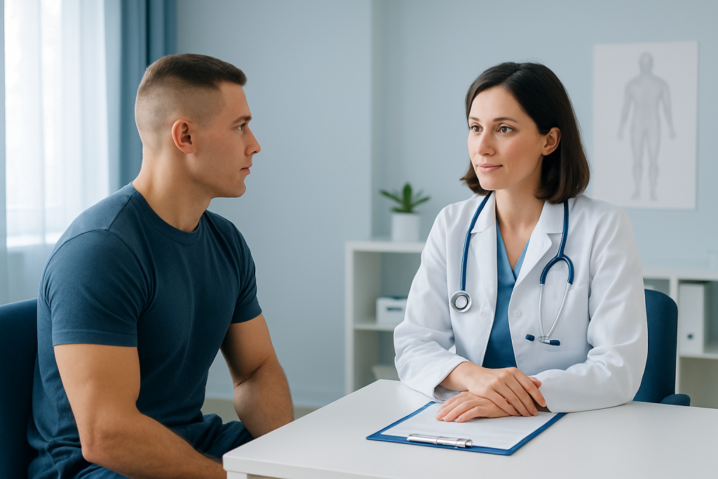 Doctor consulting with a young male patient in a medical office.