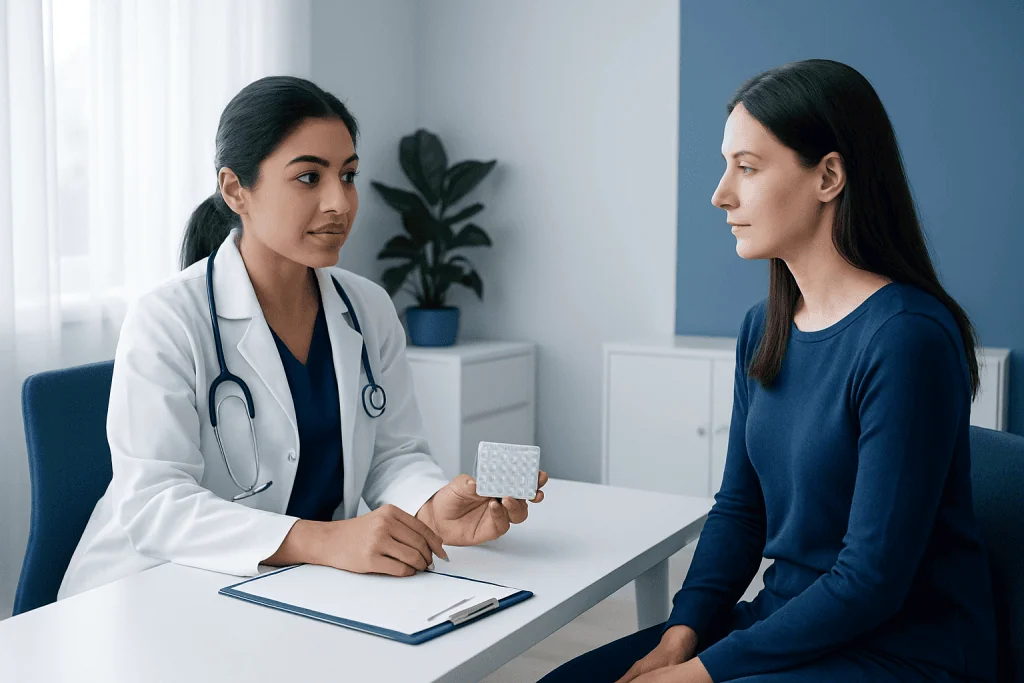 Doctor explaining birth control options to a patient in a consultation room.