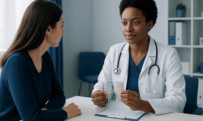 Doctor explaining condom options to patient in a consultation room.