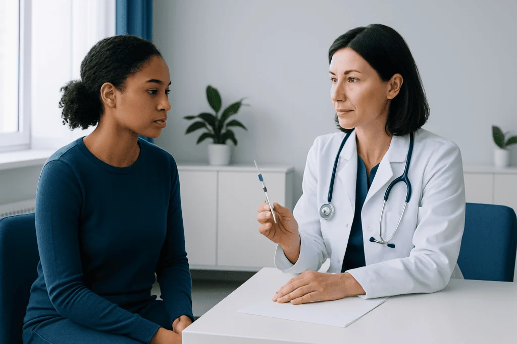 Doctor explaining contraceptive options to a patient in a clinic setting.