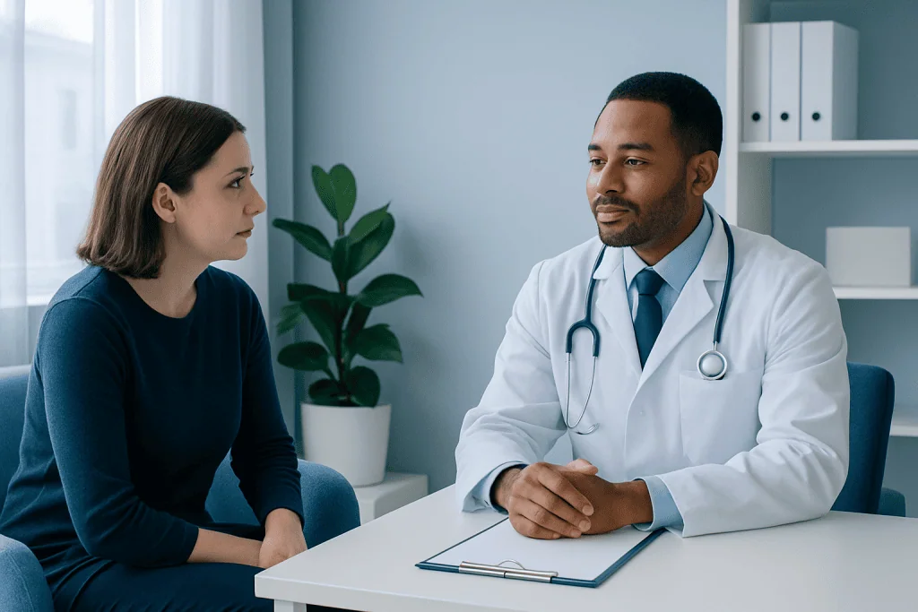 Doctor consulting with a female patient in a modern clinic setting.