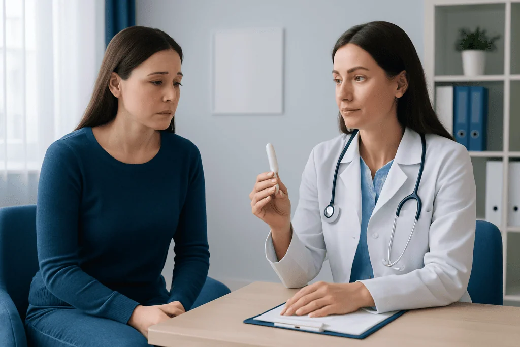 Doctor explaining medical information to a patient in a consultation room.