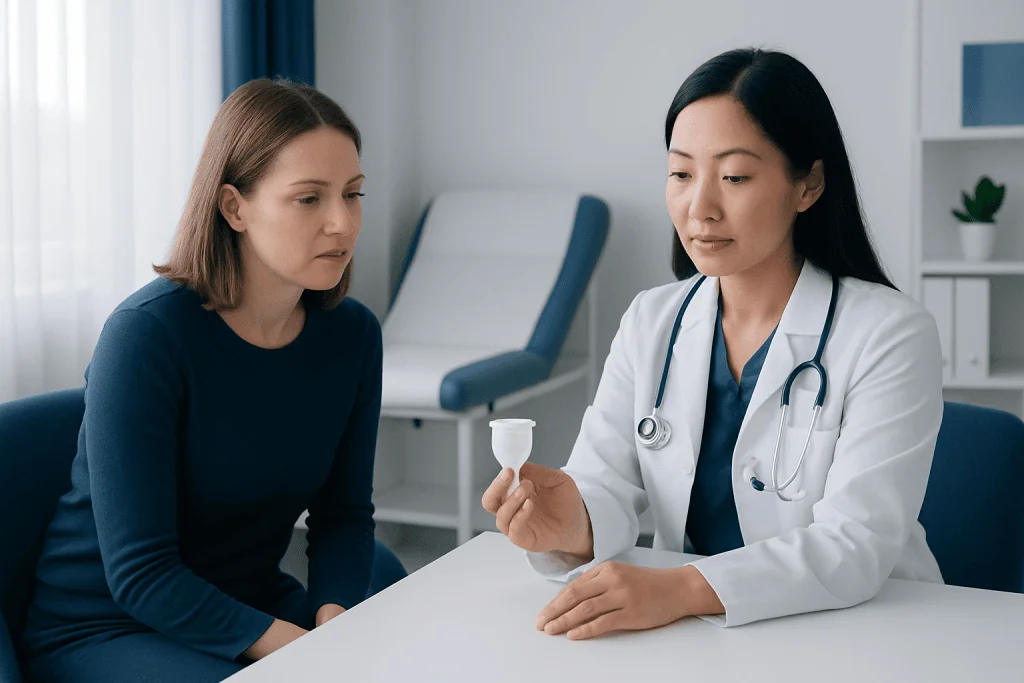 Doctor explaining menstrual health to a patient in a clinic setting.