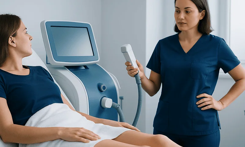 Medical professional preparing for a Brazilian wax procedure in a clinical setting.