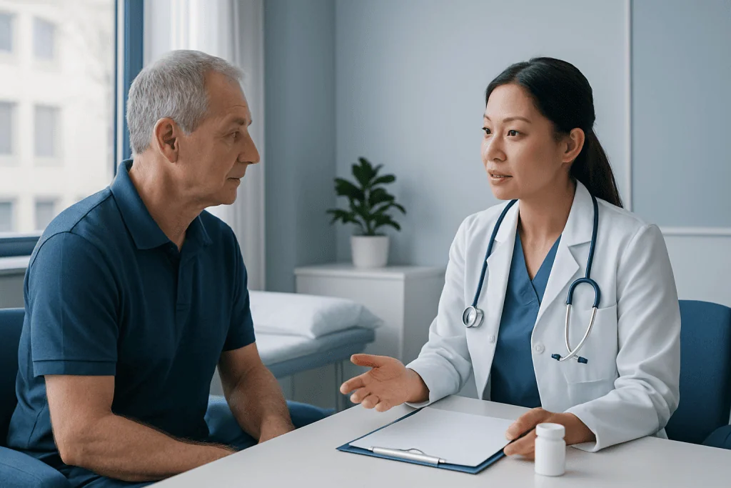 Doctor consulting with an elderly male patient in a medical office.