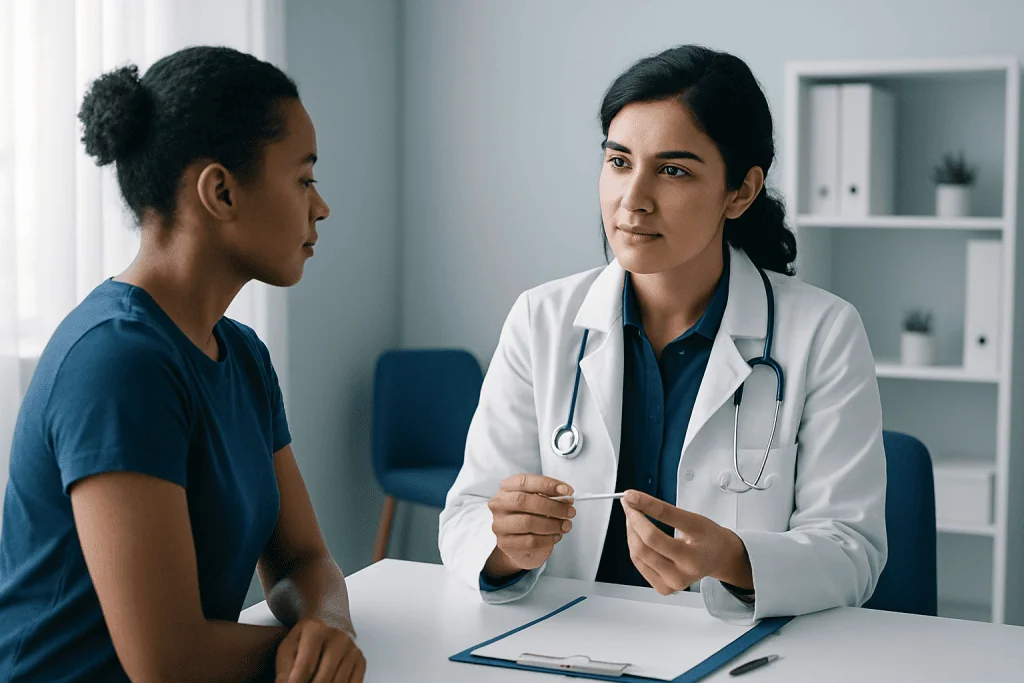 Doctor consulting with a patient in a medical office setting.