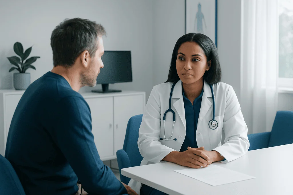 Doctor consulting with a patient in a modern medical office.