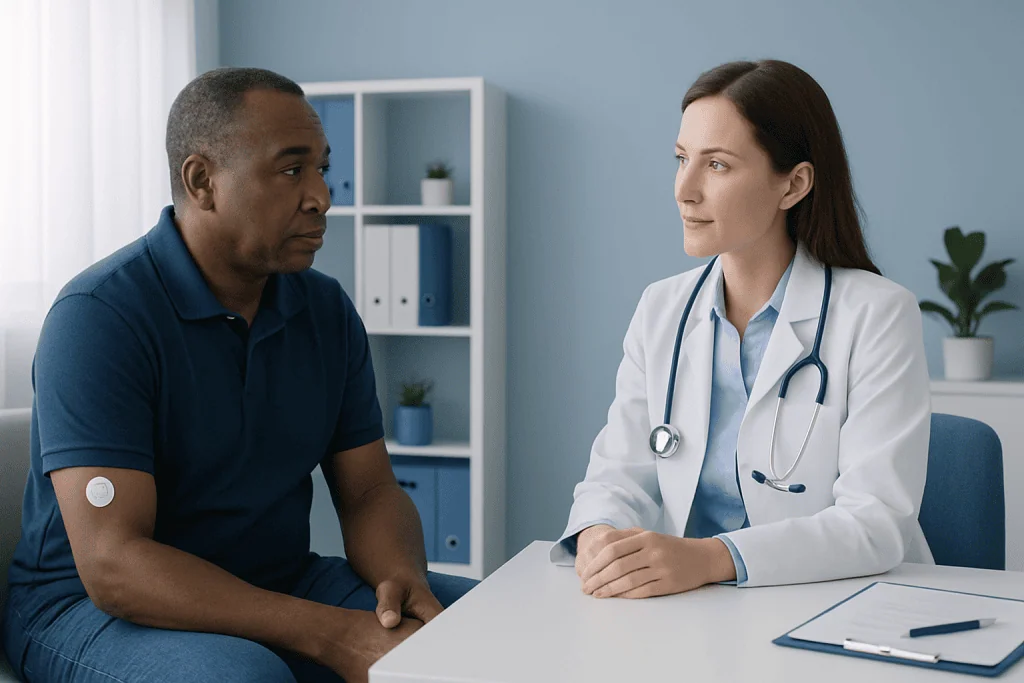 Doctor discussing blood sugar monitoring options with patient in clinic.
