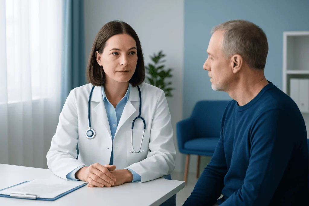 Doctor consulting with a patient in a medical office at Acibadem Hospitals Group.