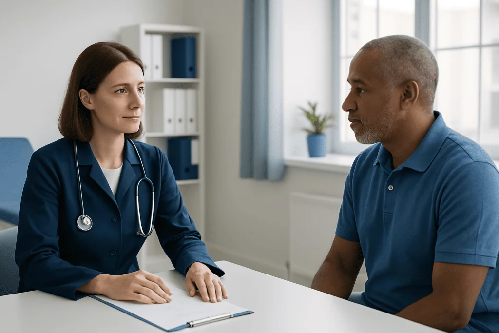 Doctor consulting with a patient in a medical office setting.