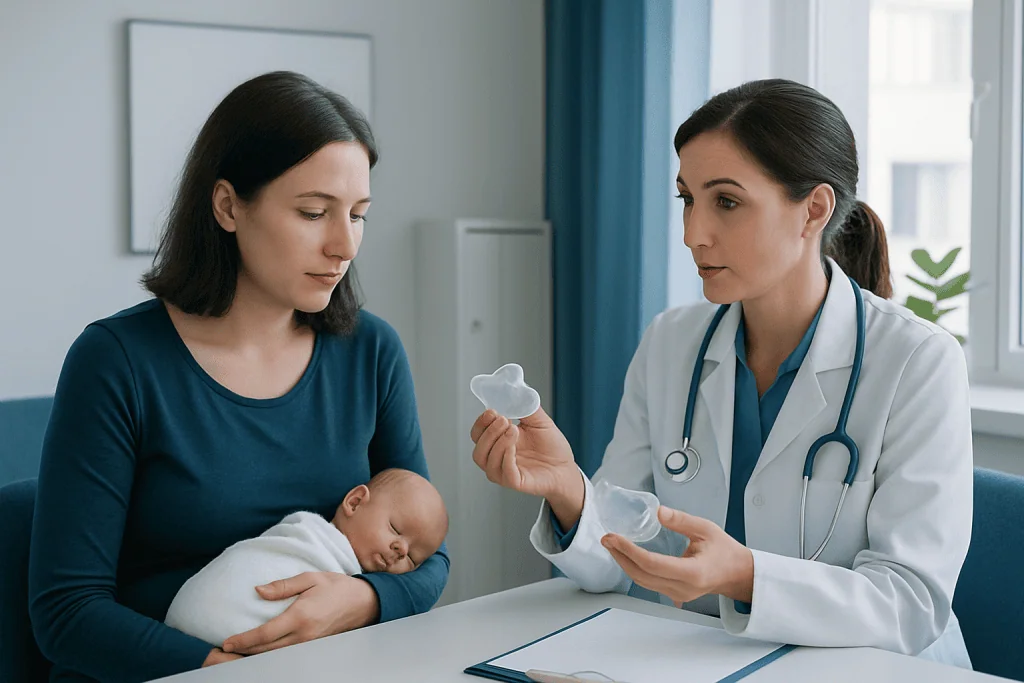 Doctor explaining nipple shield to new mother in hospital setting.