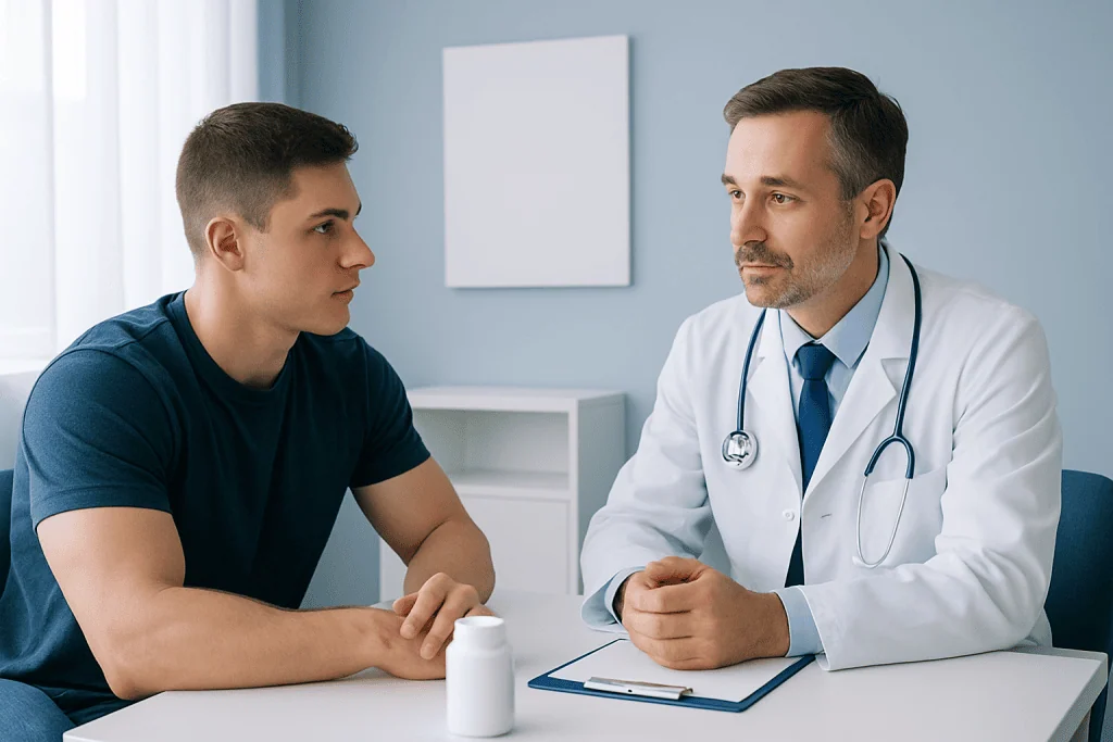 Doctor consulting with young male patient in a medical office.