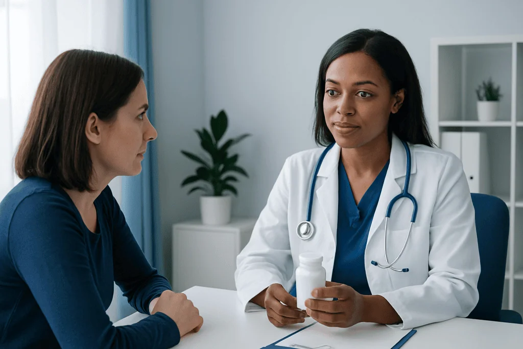 Doctor explaining medication to a patient in a clinic setting.