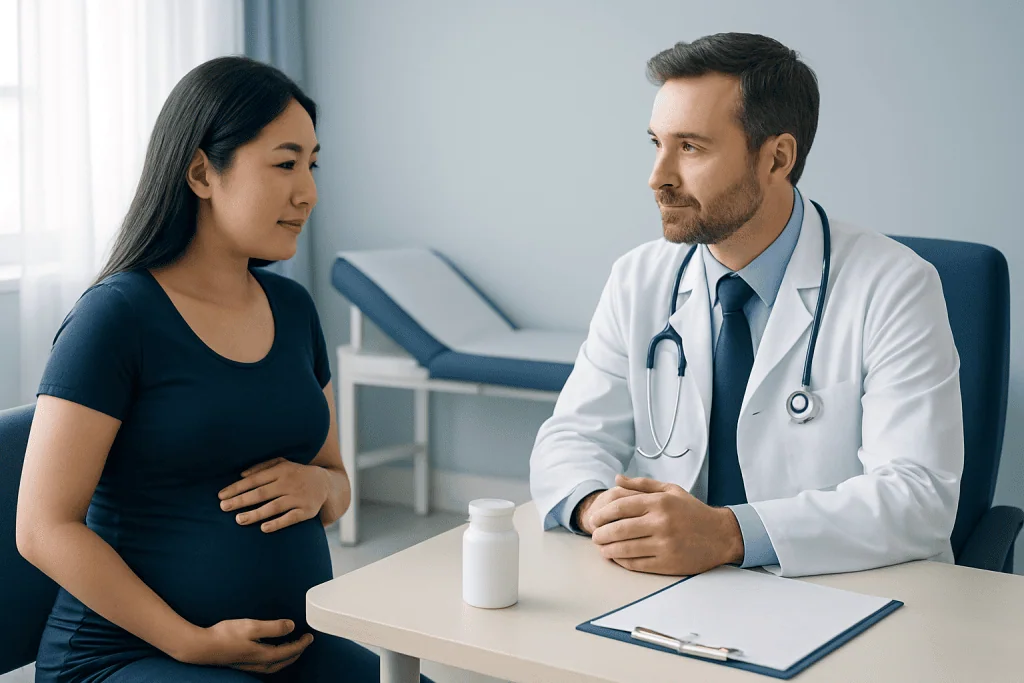 Pregnant woman consulting with a doctor in a medical office.