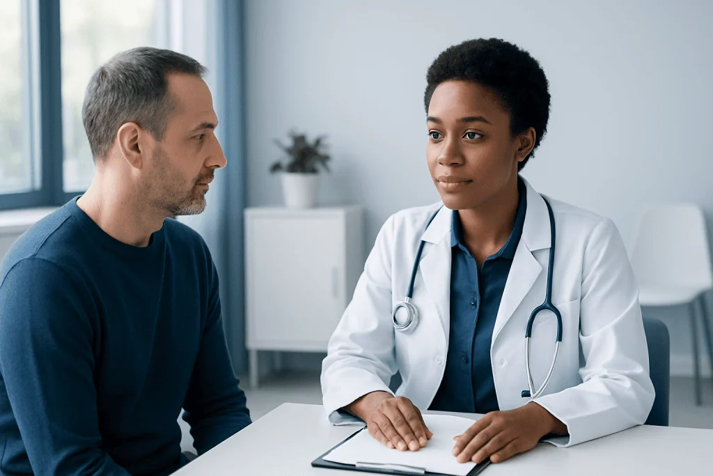 Doctor consulting with a patient in a modern medical office setting.