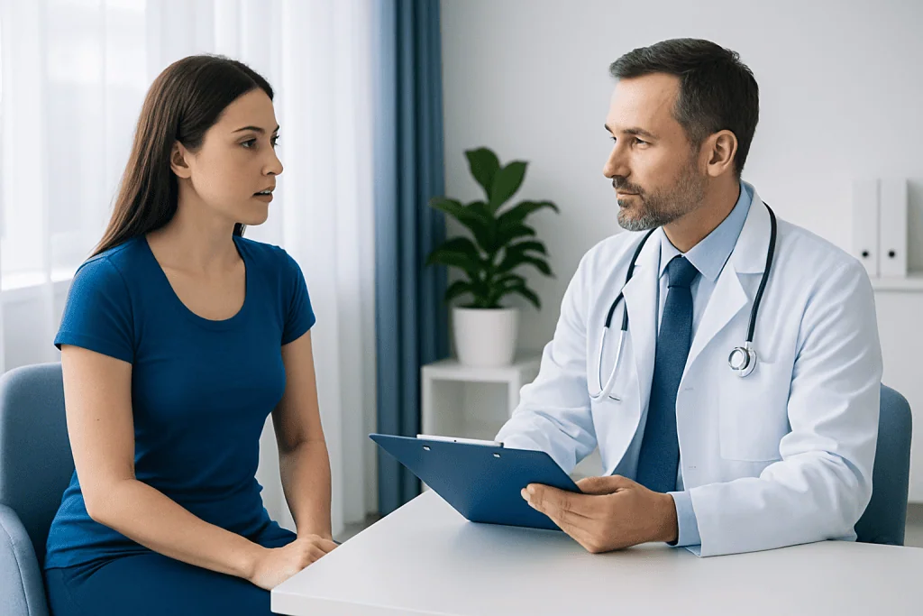Doctor consulting with a young woman in a medical office setting.