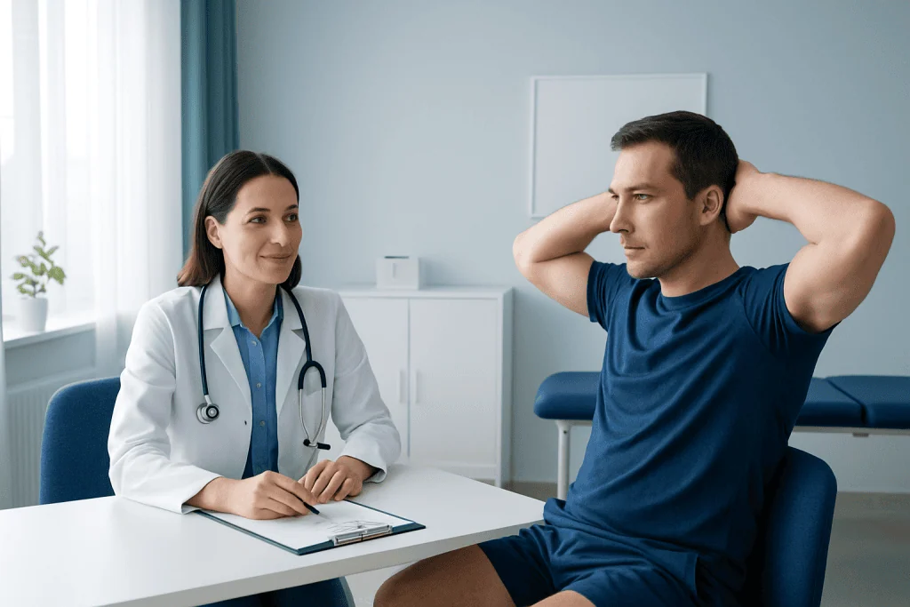 Doctor consulting patient about abdominal health in a medical office.