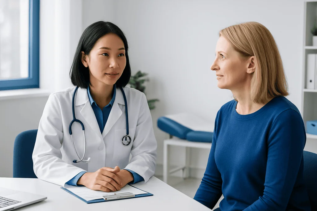 Doctor consulting with a female patient in a medical office.