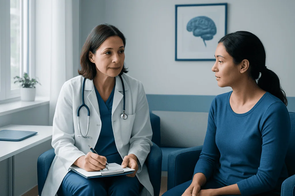 Doctor consulting patient in a medical office with brain diagram on the wall.