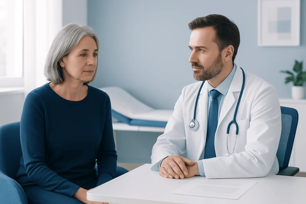 Doctor consulting with an older female patient in a medical office.