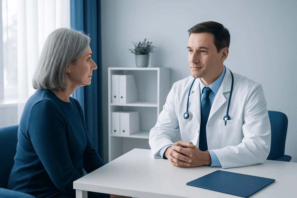 Doctor consulting with an elderly female patient in a modern clinic.