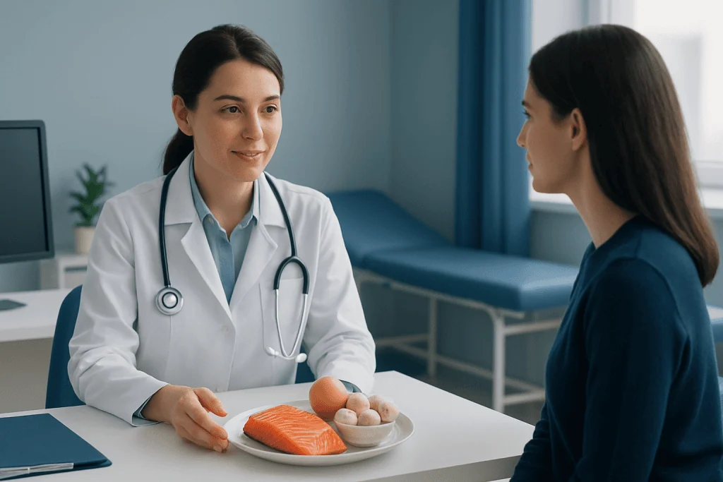 Doctor consulting patient about healthy foods and nutrition.