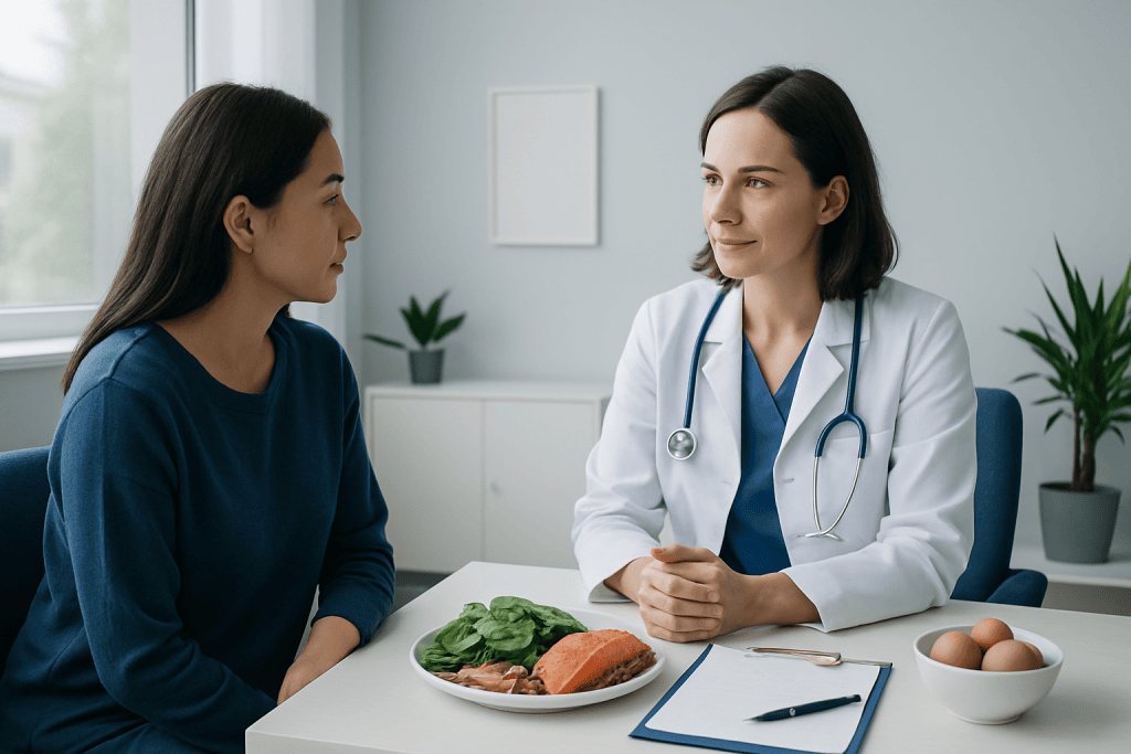 Doctor consulting a patient about healthy foods and vitamins in a clinic setting.