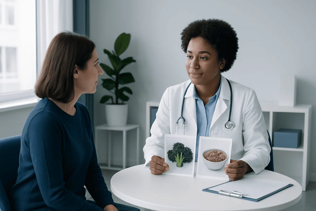 Doctor explaining soluble fiber foods to a patient in a consultation room.