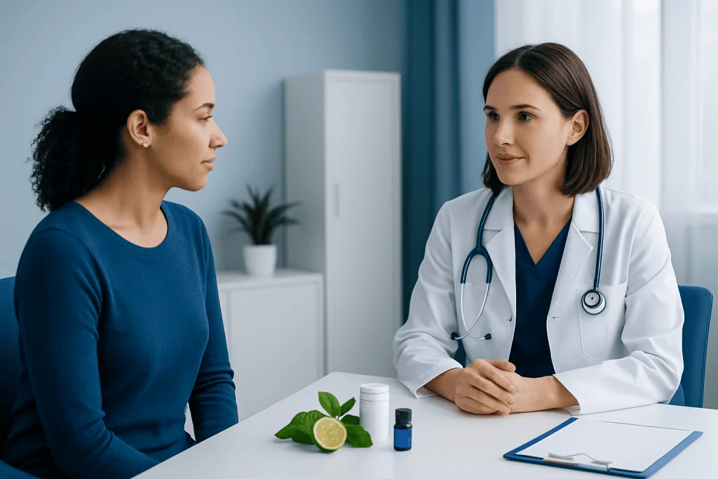 Doctor consulting with patient in a medical office setting.