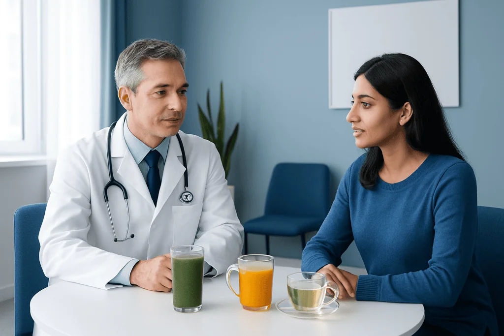 Doctor consulting with a patient about anti-inflammatory drinks in a clinic setting.