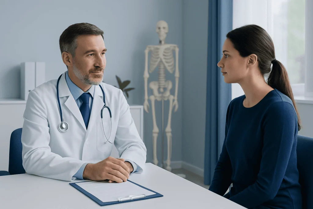 Doctor consulting with a patient in a medical office with a skeleton model in the background.
