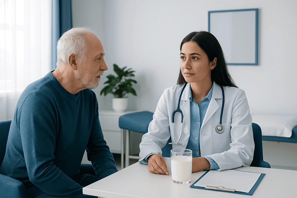 Doctor consulting with elderly patient in a medical office setting.