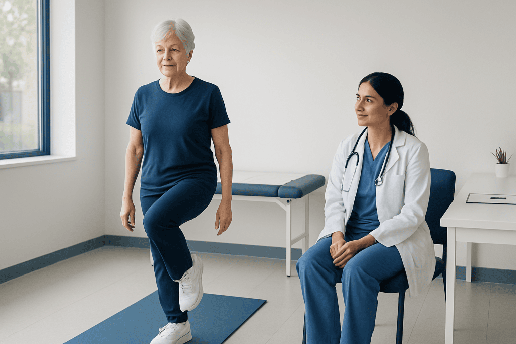 Senior woman performing balance exercise with healthcare professional observing.
