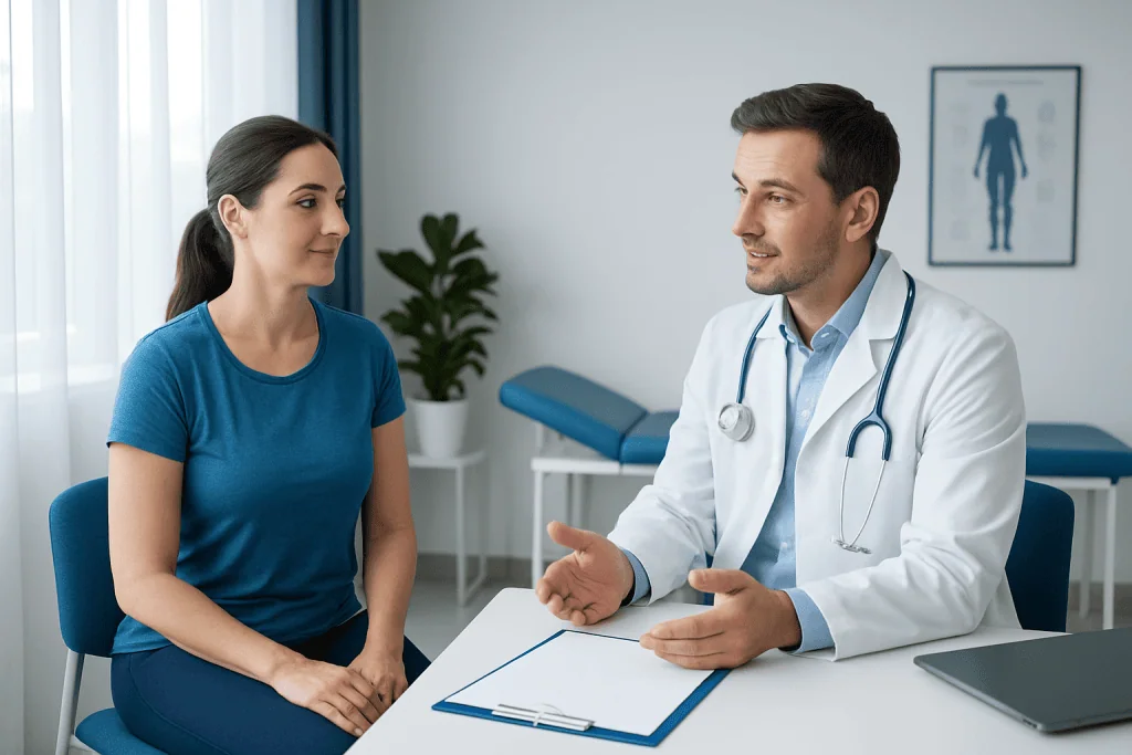 Doctor consulting with a young woman in a medical office setting.