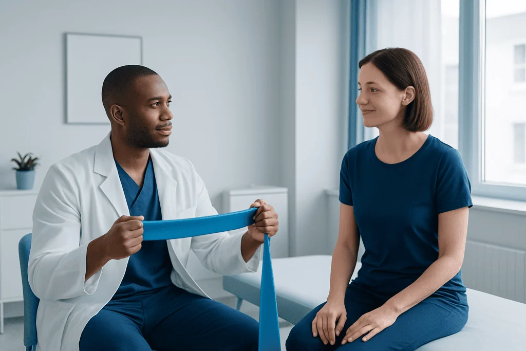 Doctor explaining resistance band exercises to a patient in a clinical setting.