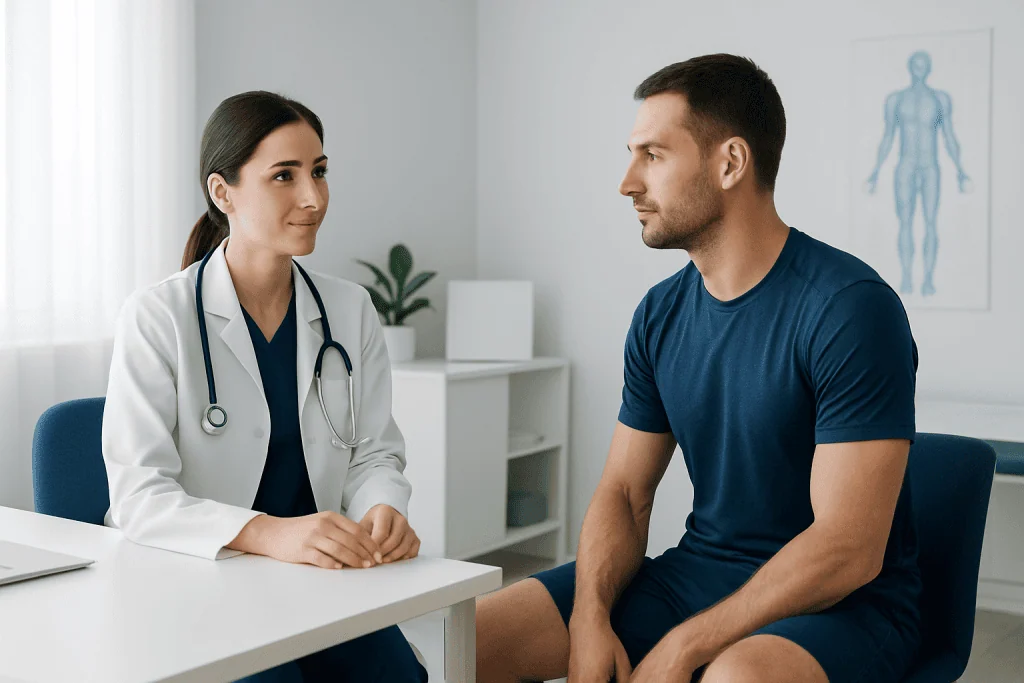 Doctor consulting with male patient in a medical office setting.