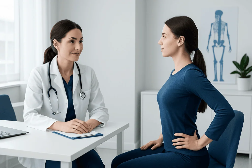 Doctor consulting with a patient about posture in a medical office.