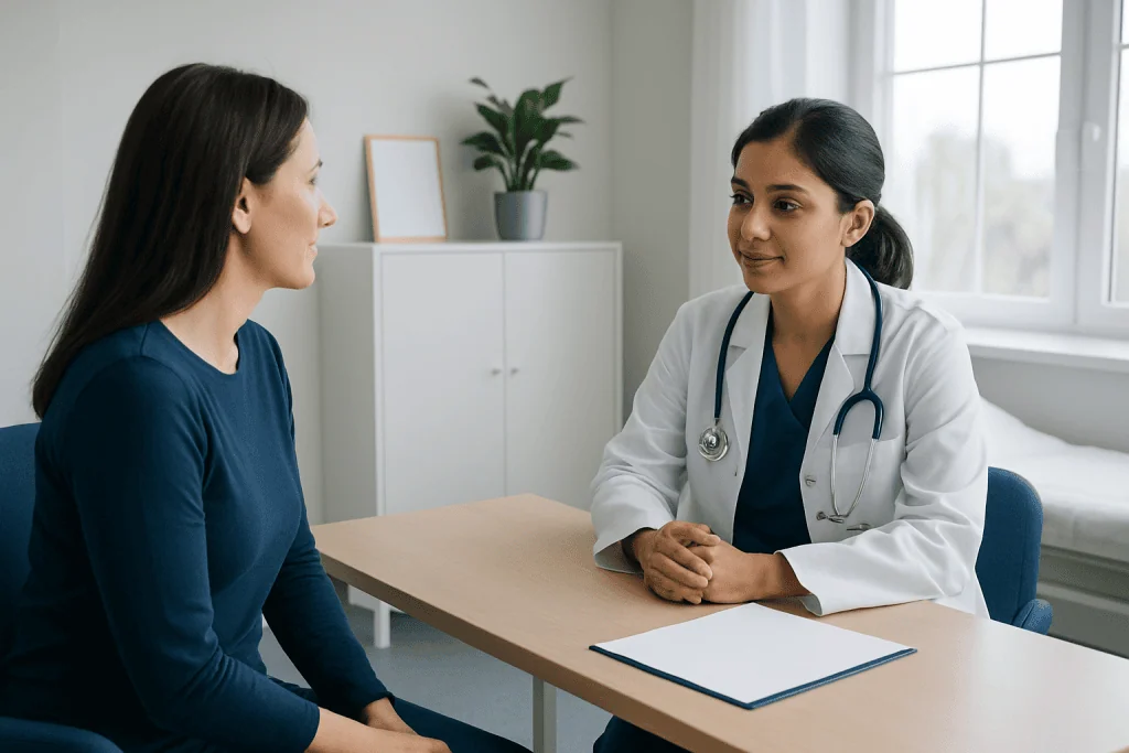 Doctor consulting with a patient in a modern medical office.
