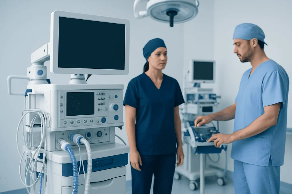 Medical team preparing advanced hospital ventilator equipment in operating room.