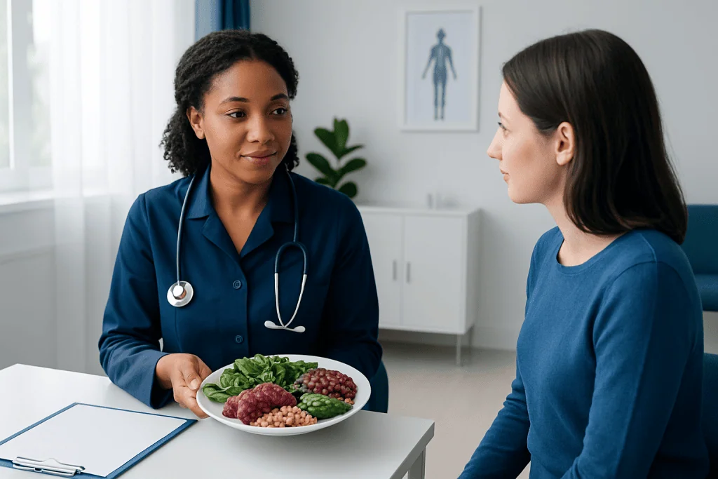 Doctor explaining iron-rich foods to a patient in a clinic setting.