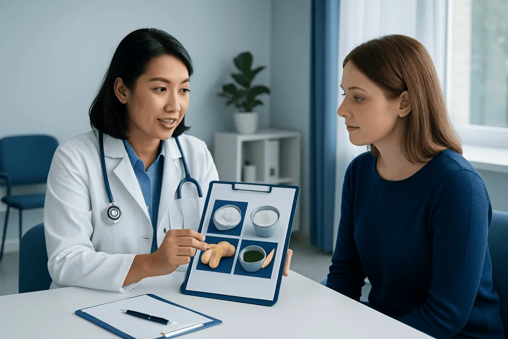 Doctor explaining healthy eating tips to a patient during consultation.