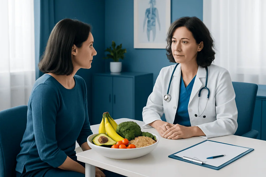 Doctor consulting patient about high fiber diet benefits and risks.