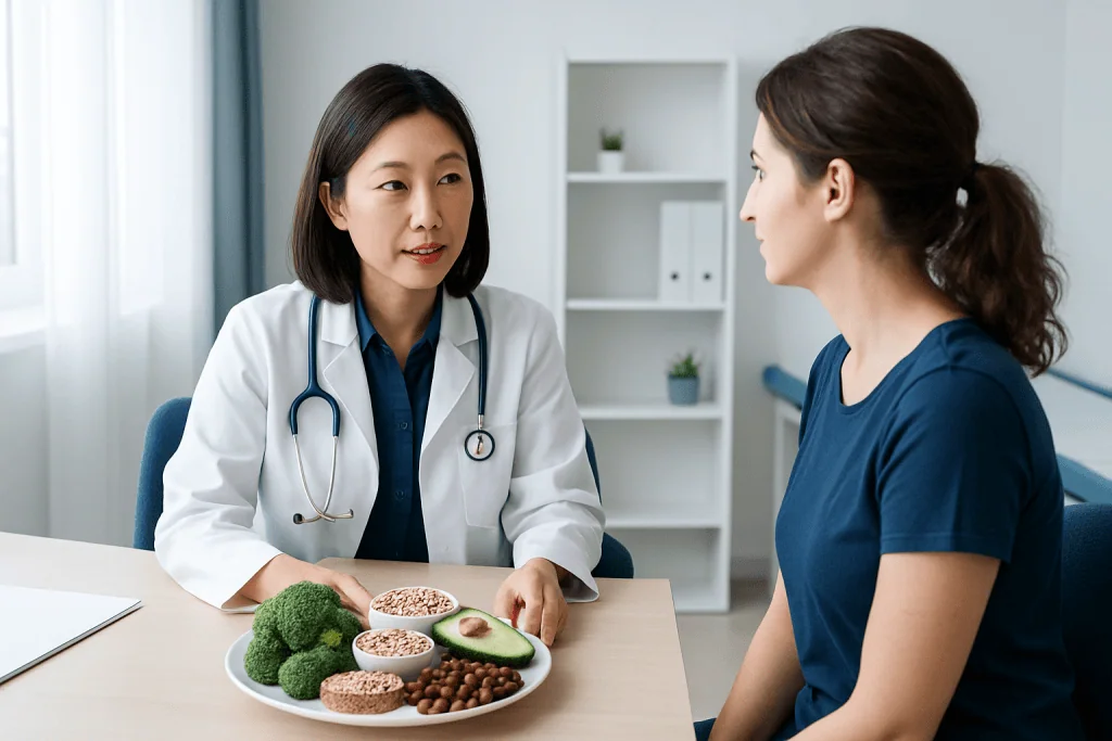 Doctor explaining high fiber foods to a patient in a consultation room.