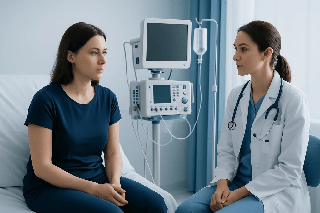 Doctor consulting patient in hospital room with medical equipment.
