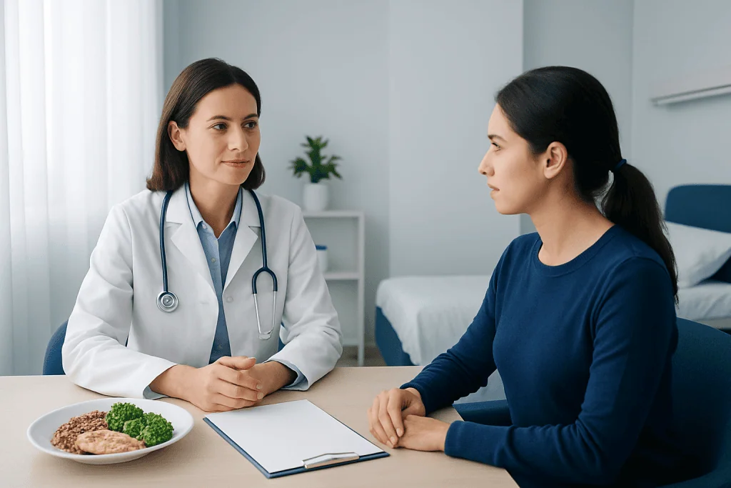 Doctor consulting patient in a medical office with a meal on the table.